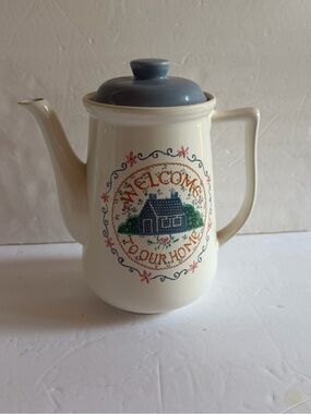 Ceramic Water Pitcher/Blue w/ Lid & Handle "Welcome to Our Home"